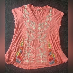 Soft Surroundings Top Womens L Pink Flora Tunic Floral Embroidered Boho Beach